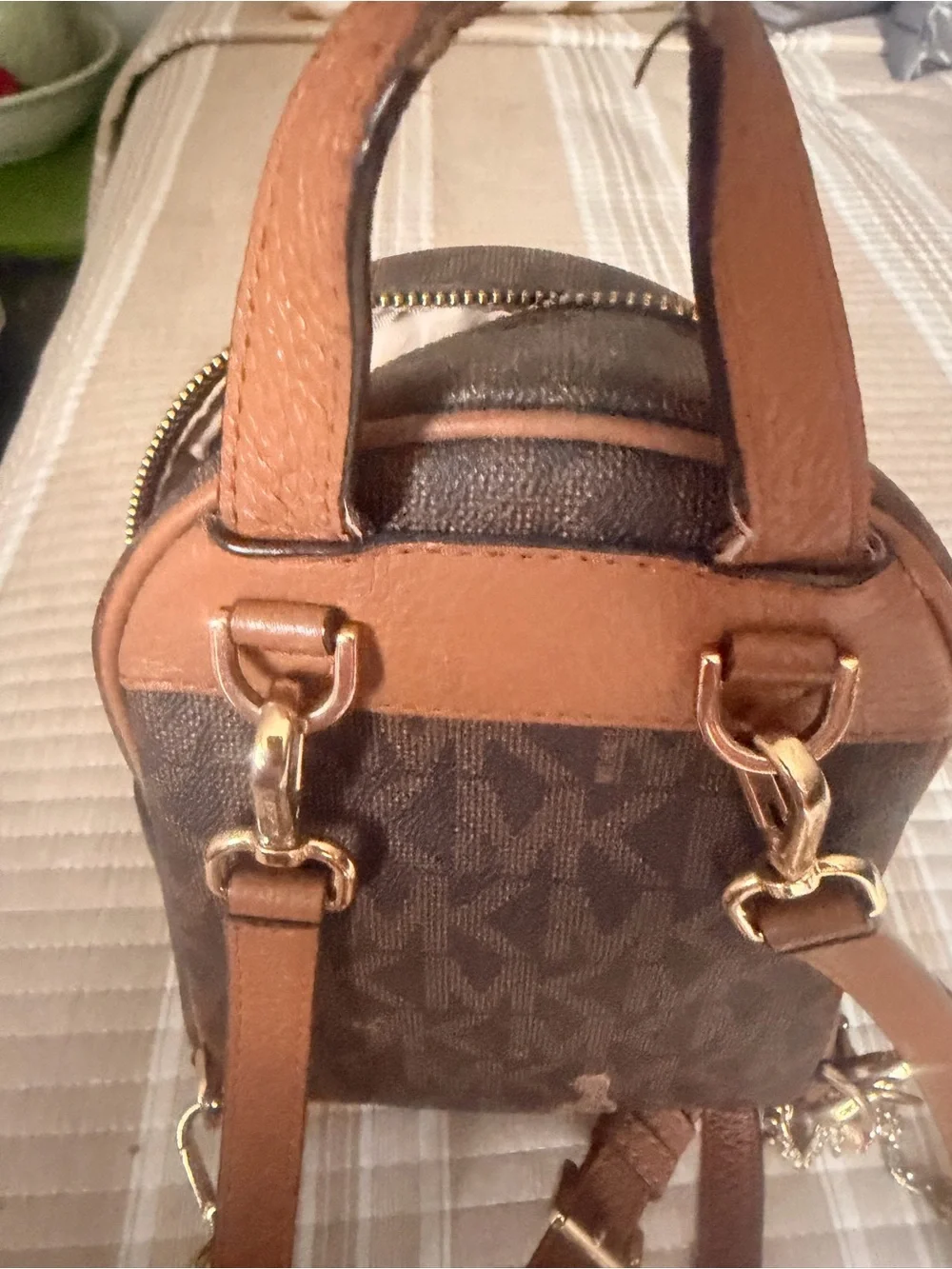Michael Kors Mini Backpack Brown MK Monogram Studded Front Pocket